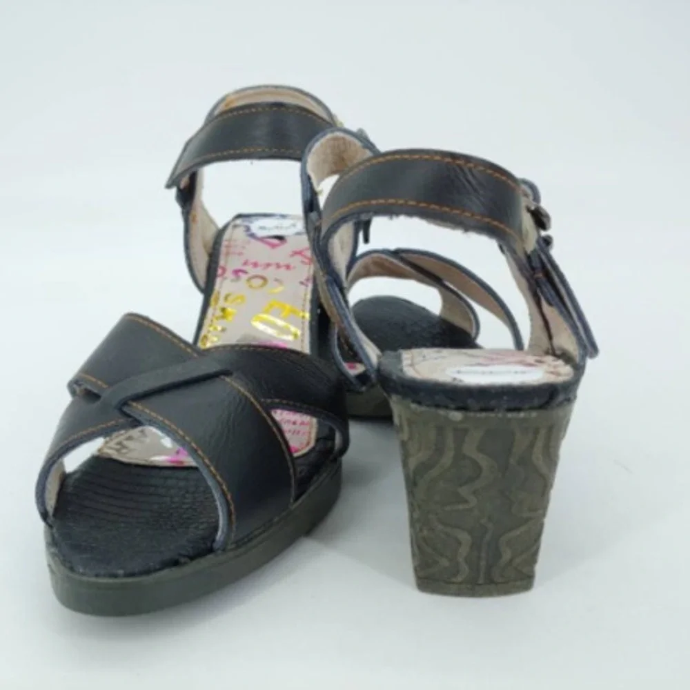 Maia‎ Shoes Womens Ankle Strap Sandals Black Block Heels Peep Toe Buckle 38